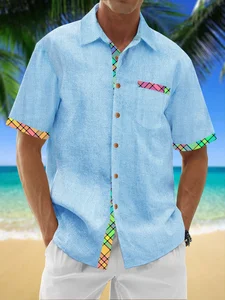 Image of Cotton Patchwork Geometric Color Block Casual Shirt