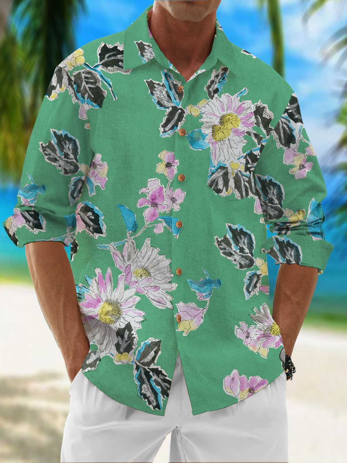 Image of Floral Chest Pockets Long Sleeve Resort Shirt