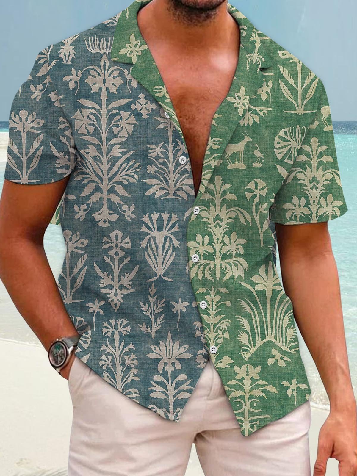 Image of Cotton And Linen Holiday Leisure Short-sleeved Shirt