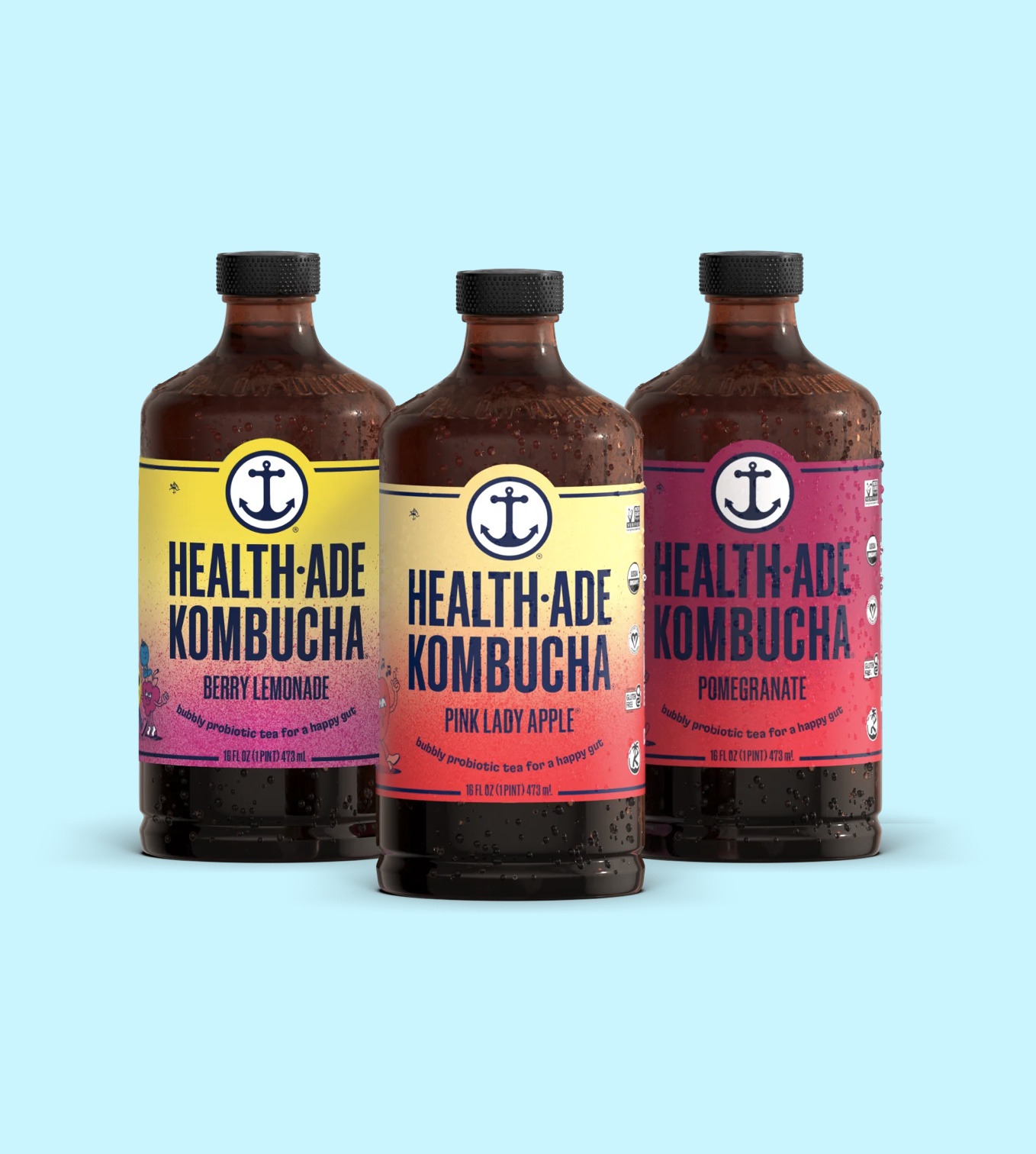 3 Health-Ade Kombucha bottles 