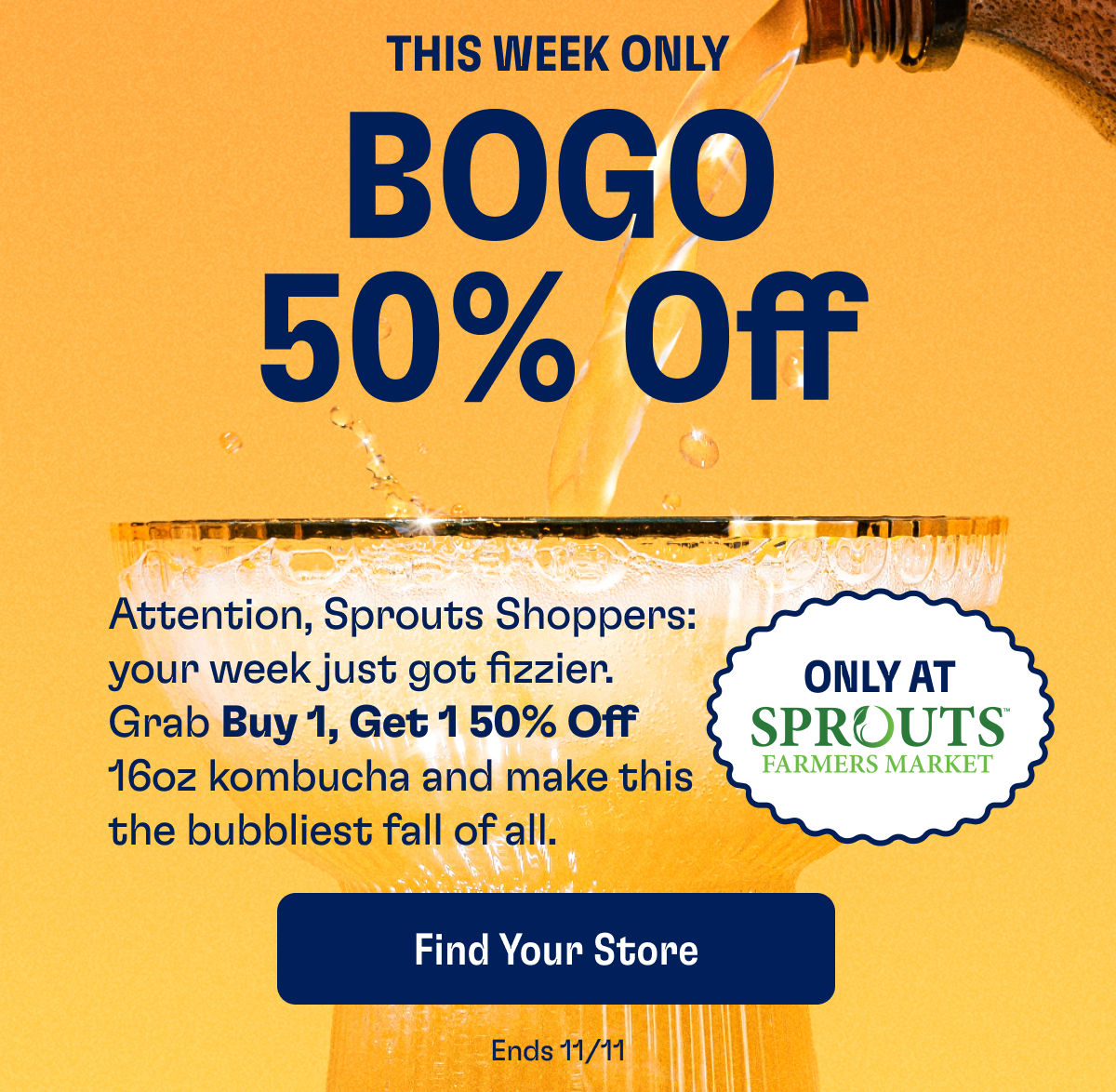 This Week Only BOGO 50% Off | Attention, Sprouts Shoppers: your week just got fizzier. Grab Buy 1, Get 1 50% Off 16oz kombucha and make this the bubbliest fall of all. | Find Your Store | Ends 11/6 | Only At Sprouts Farmer Market
