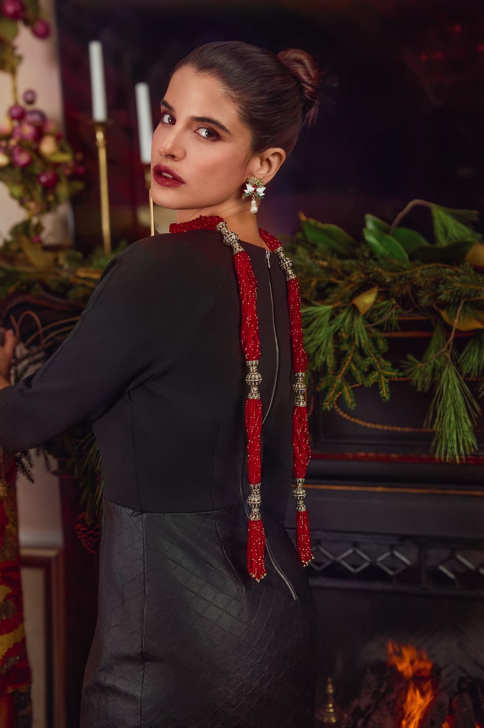 woman in exquisite red lariat neck