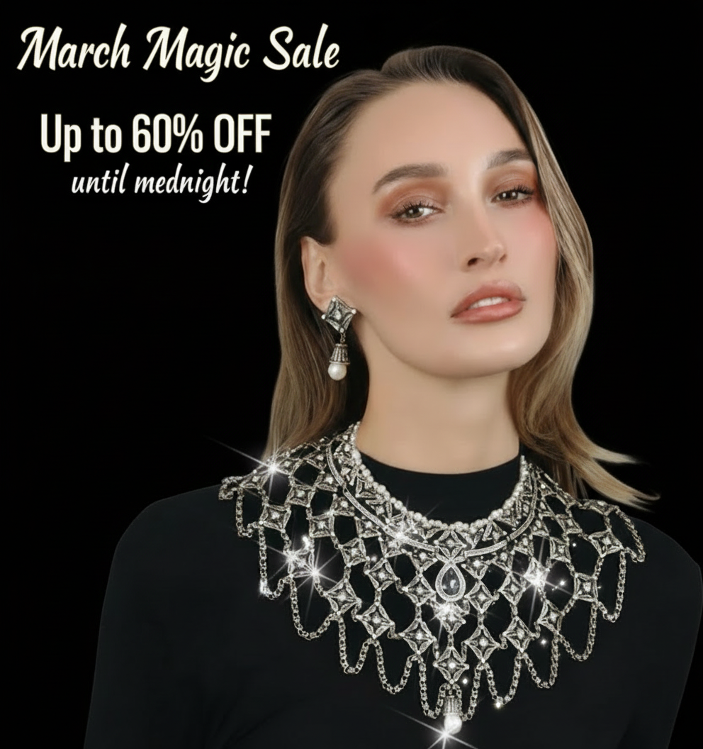 Woman wearing a statement necklace and earrings with a "March Magic Sale" promotion.