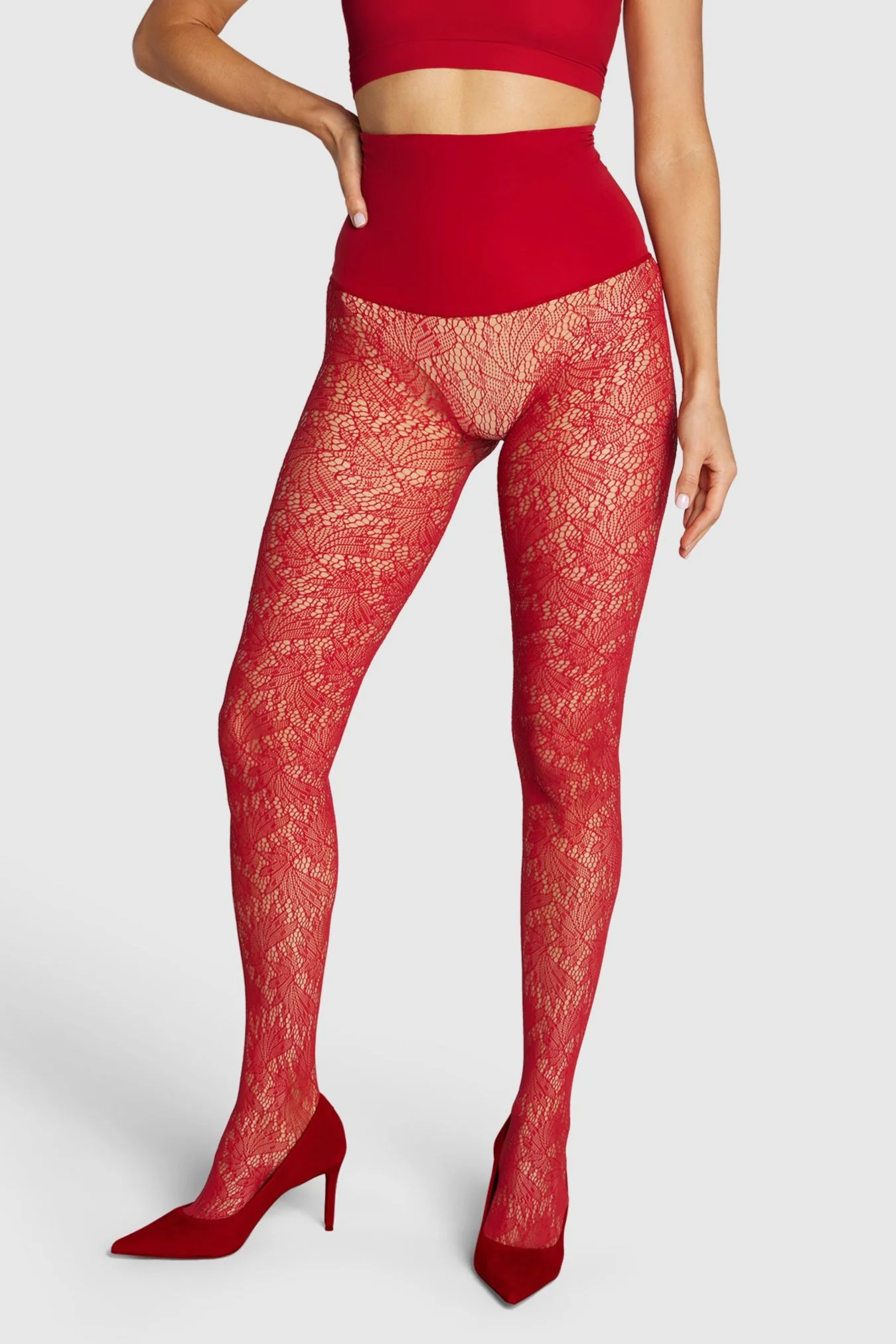 Image of The Peacock Lace Patterned Tights Cardinal Red