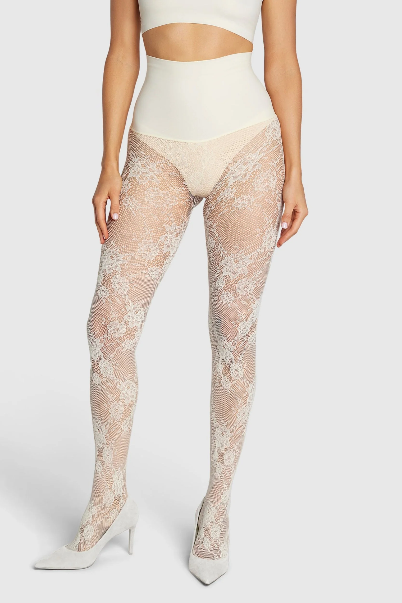 Image of The Floral Lace Patterned Tights Vintage Ivory