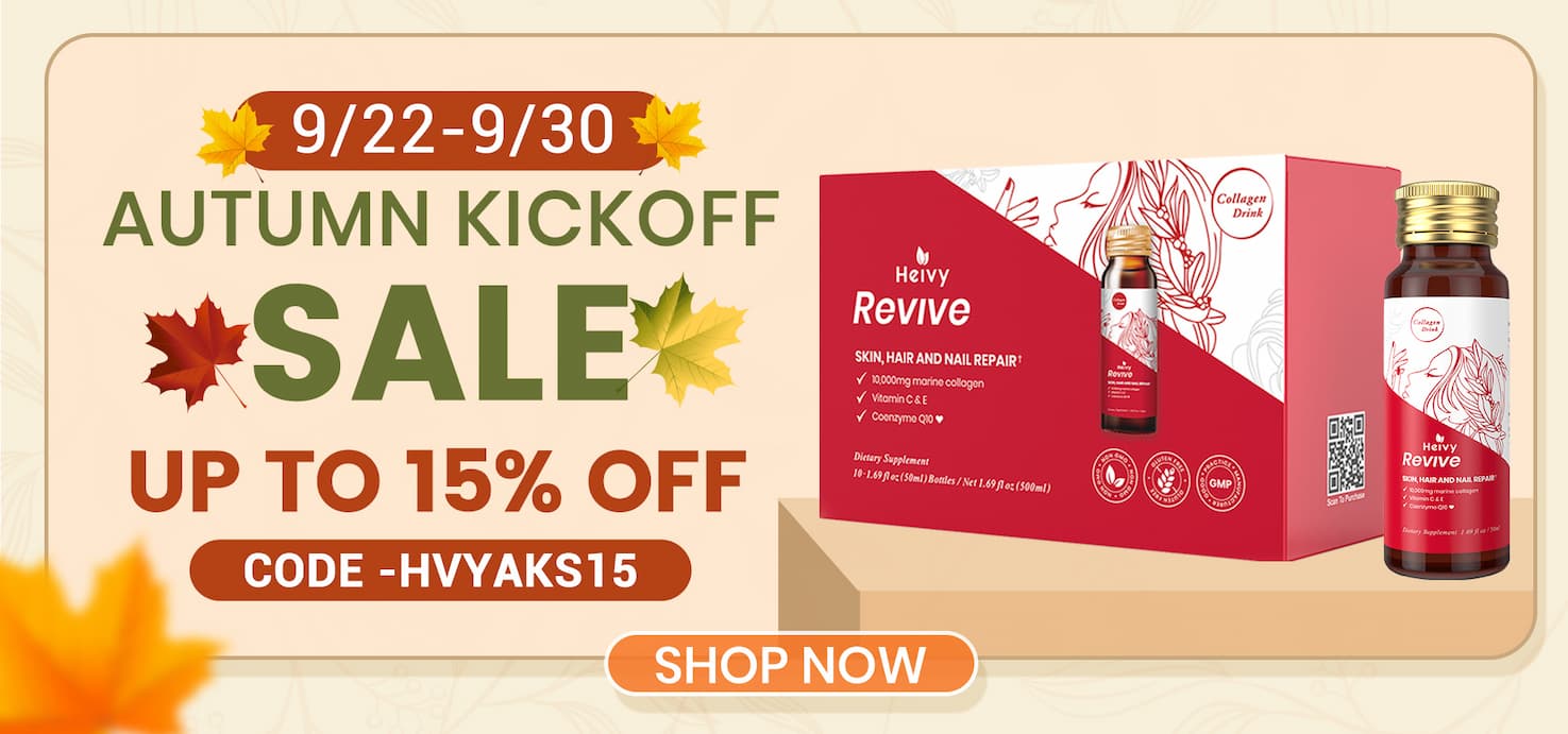 Heivy collagen supplement sale – Revive Collagen Drink with 15% off banner.