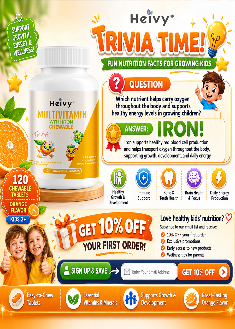 Heivy Kids Multivitamin with Iron Chewable supports growth, immunity, brain health, and daily energy for growing children with a 10% off first-order promotion.