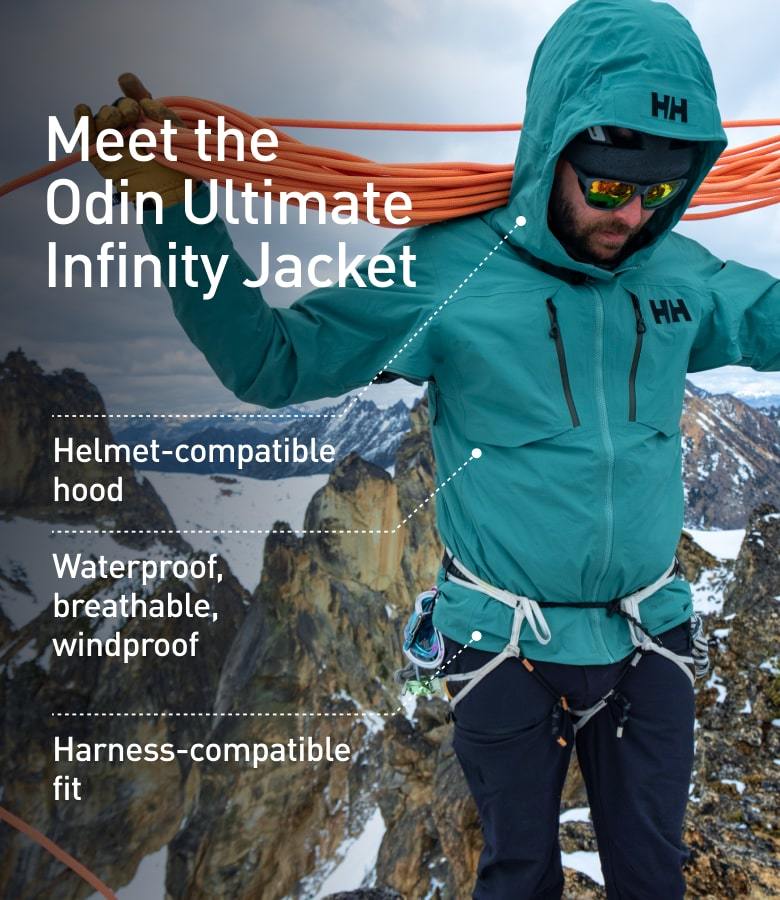 Meet the Odin Ultimate Infinity Jacket: Helment compatible hood. Waterproof, breathable, windproof. Harness-compatible fit.