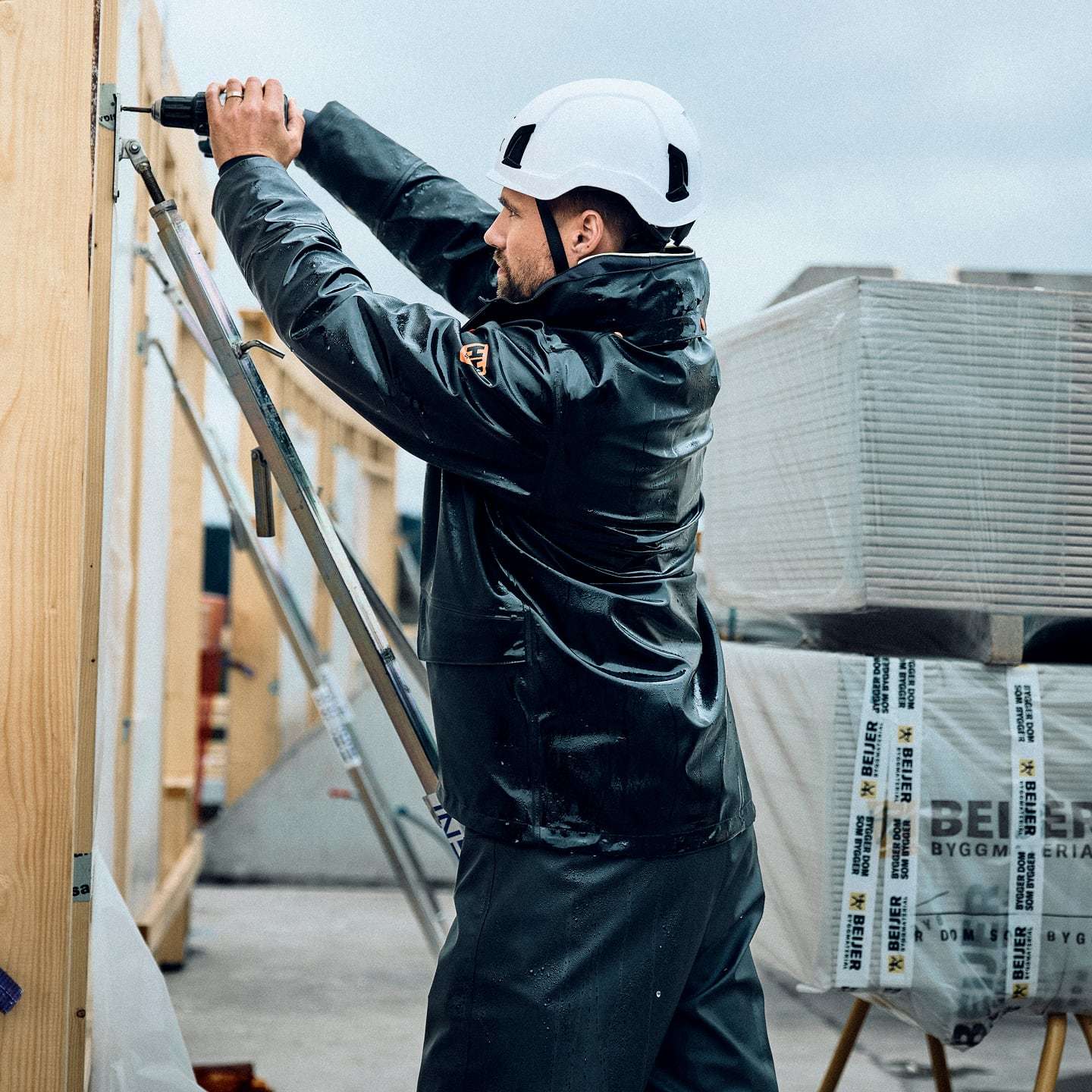 Man wearing Helly Hansen rain gear