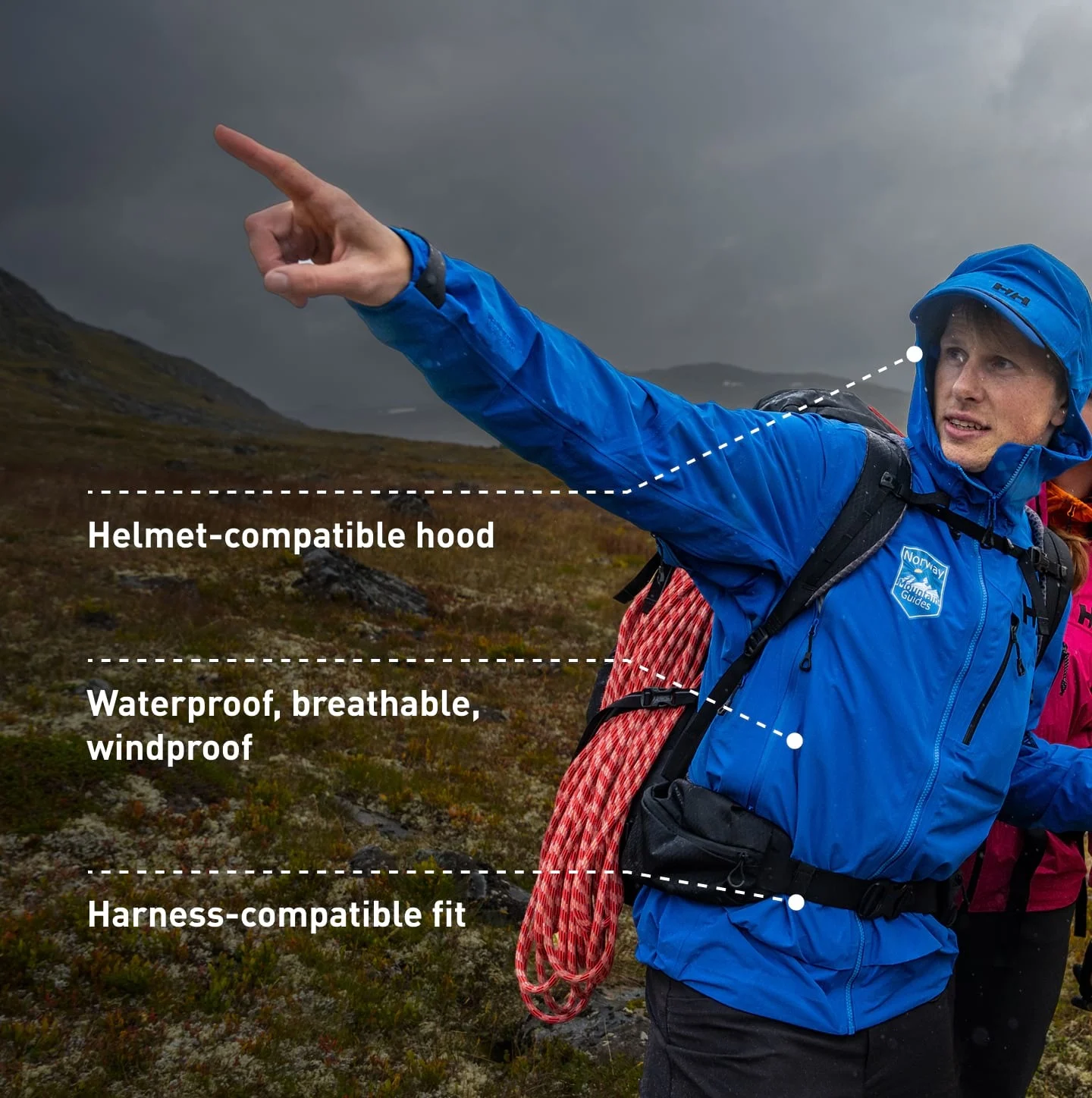 Helmet-compatible hood - Waterproof, breathable, windproof - Harness-compatible fit