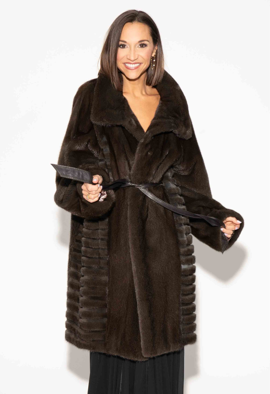 NAFA Semi Sheared Mink Fur 7/8 Coat with Leather Belt