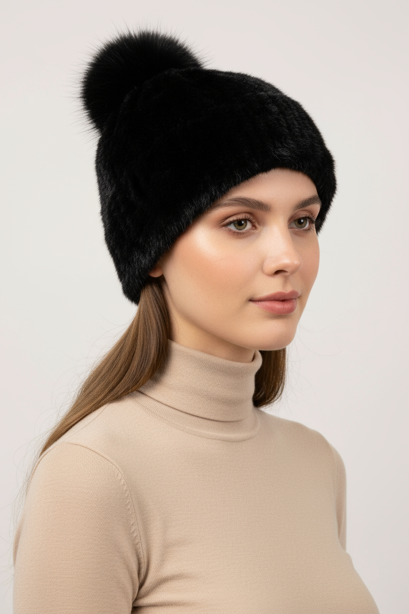 Knitted Mink Fur Beanie with Fox Fur Pom