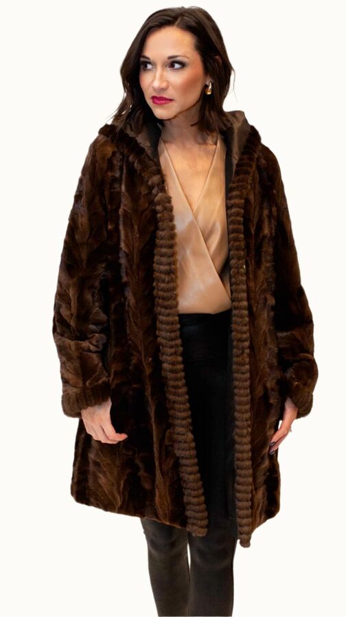 Reversible Sheared Sectioned Mink Fur Stroller with Hood