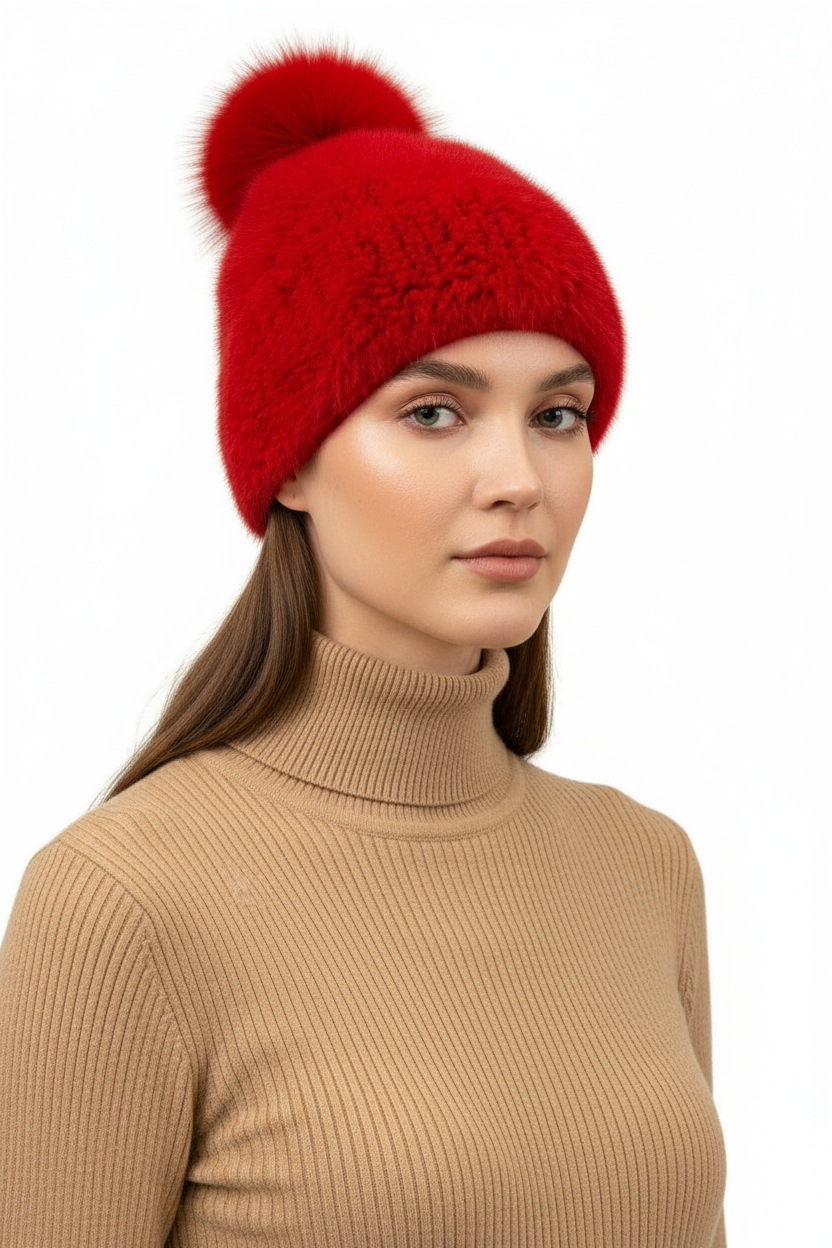 Knitted Mink Fur Beanie with Fox Fur Pom