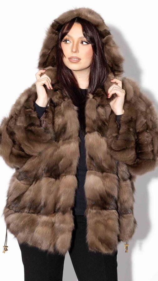 Reversible Sectioned Sable Fur Cape with Hood