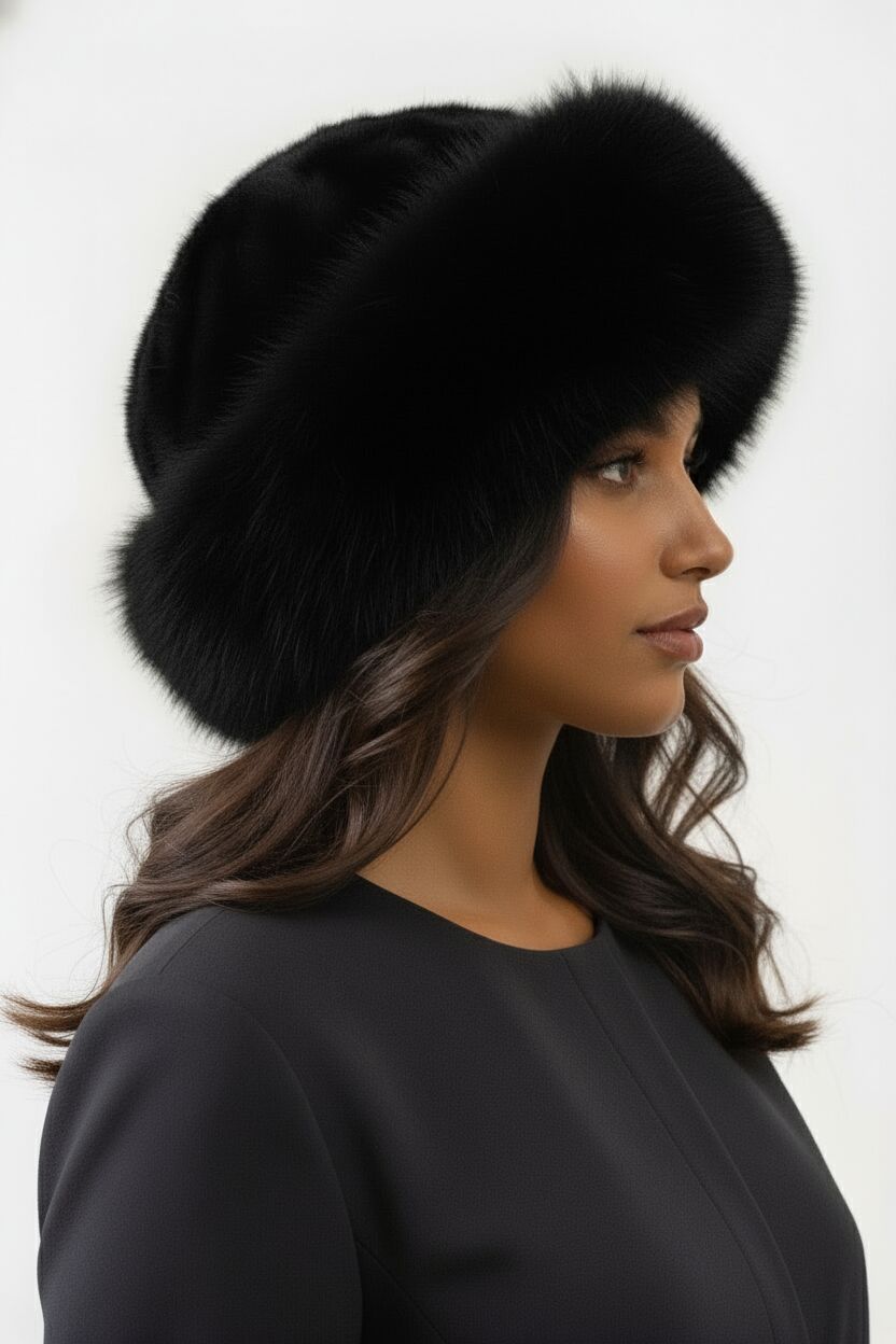 Women's sectioned mink fur hat with fox fur trim
