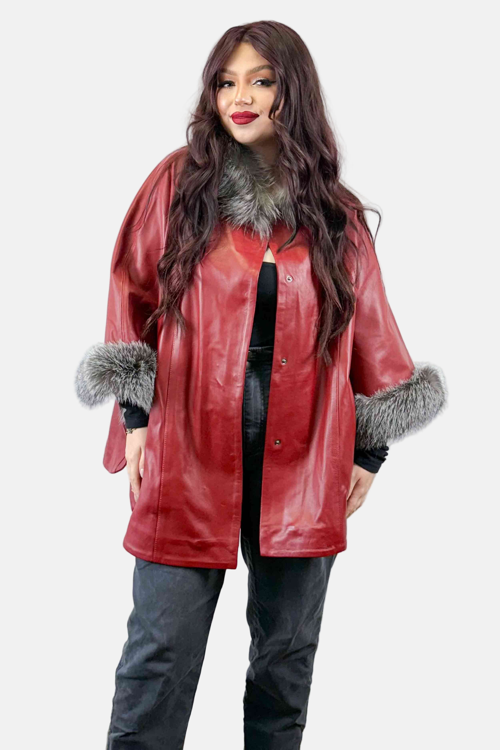 Leather Capelet with Fox Fur Trim