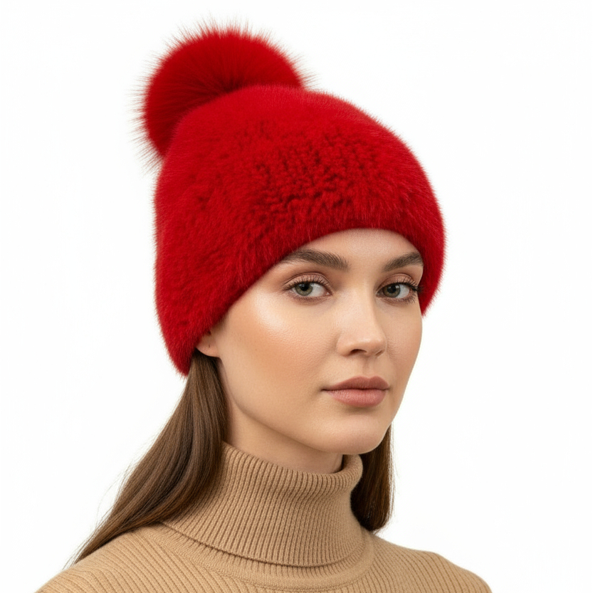 Knitted Mink Fur Hat with Fox Fur Pom 
