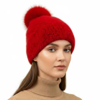 Knitted Mink Fur Hat with Fox Fur Pom - Shop Women's Accessories Sale