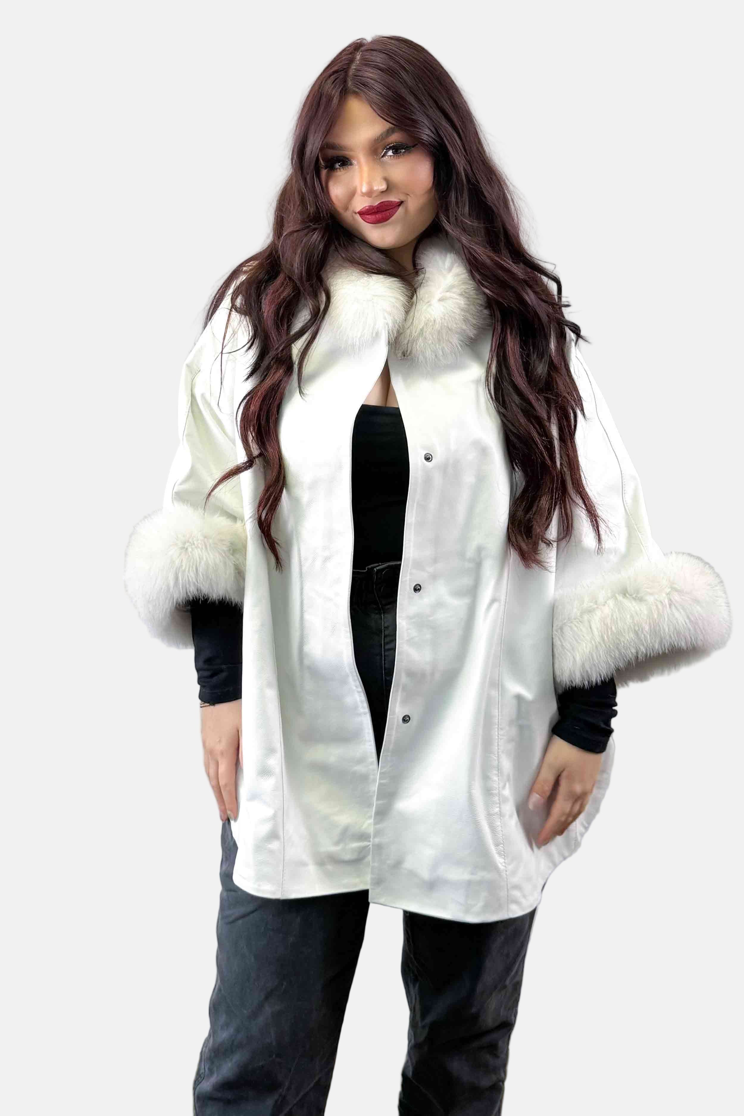 Leather Capelet with Fox Fur Trim