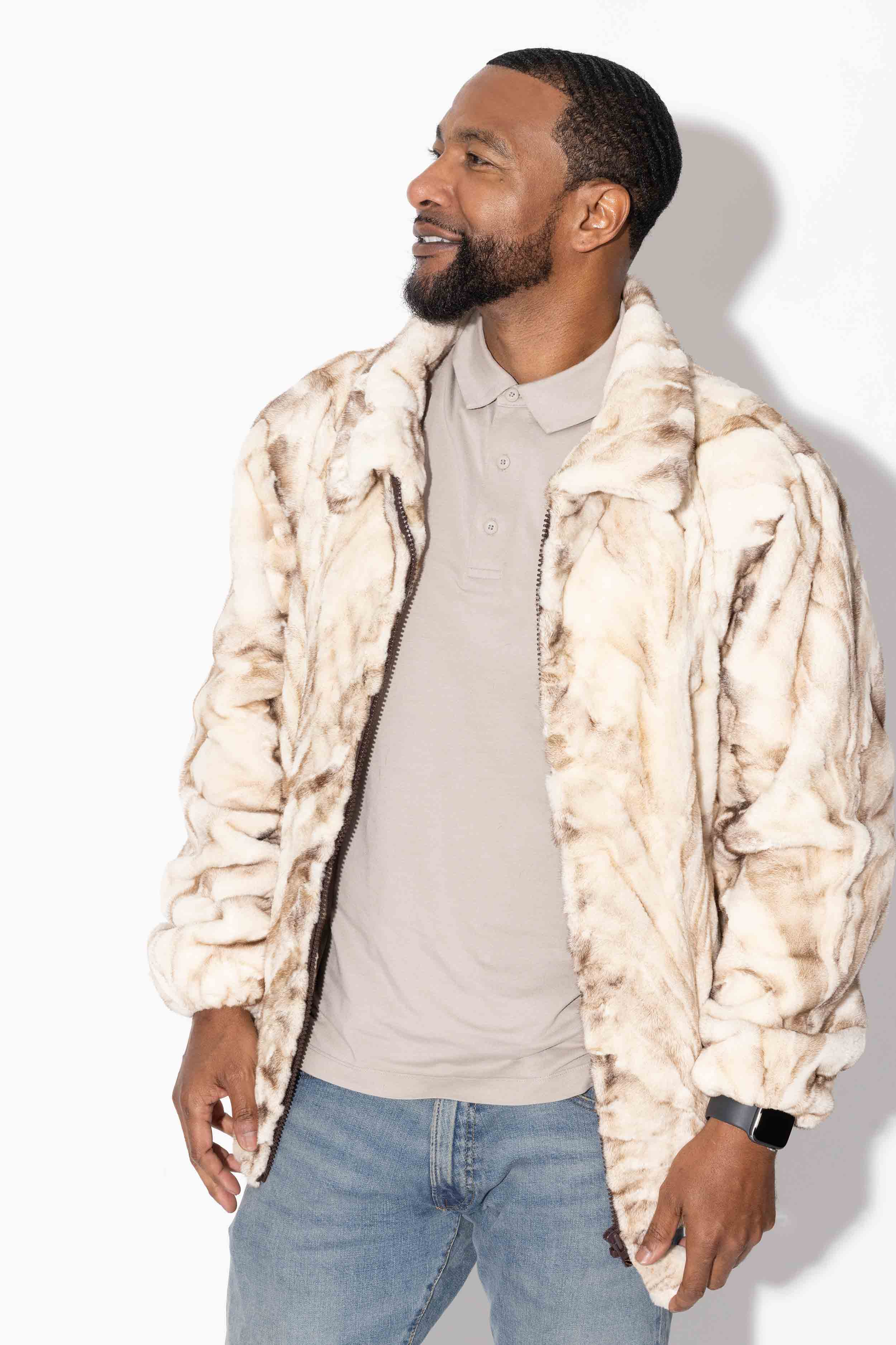 Men's Sheared Sectioned Mink Fur Bomber Jacket with Mink Fur Collar