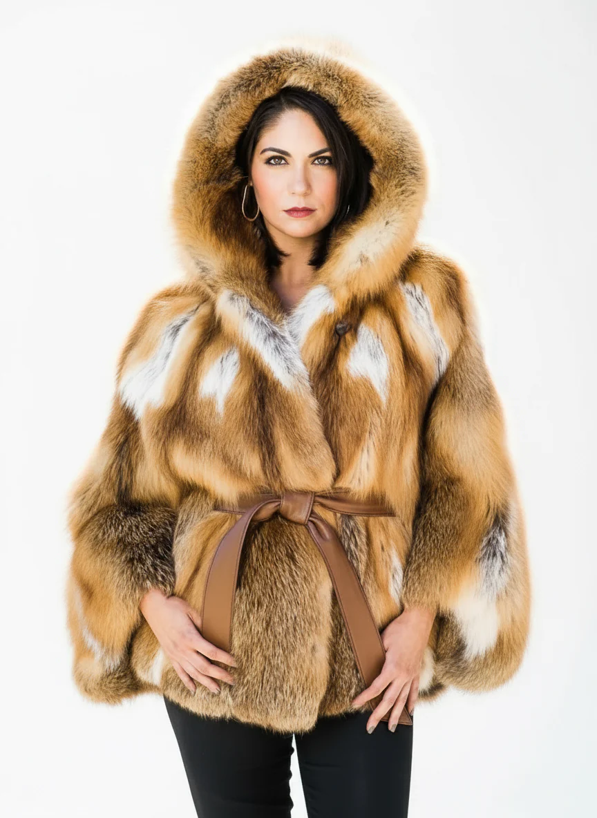 Custom-Made Natural Red Fox Fur Cape with Hood