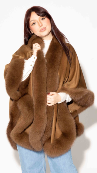 Cashmere Blend Cape with Fox Fur Trim