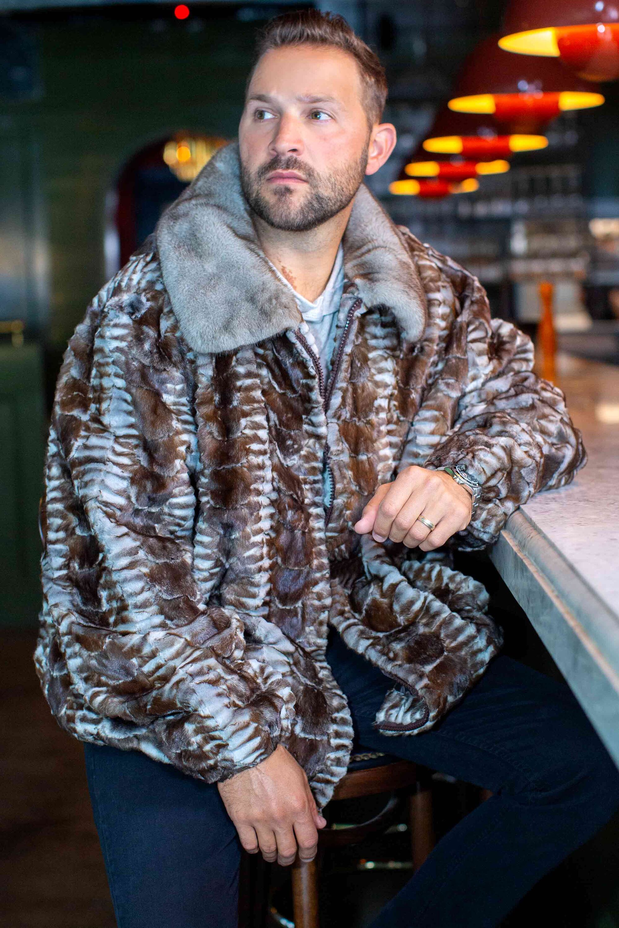 Men's Sheared Sectioned Mink Fur Bomber Jacket