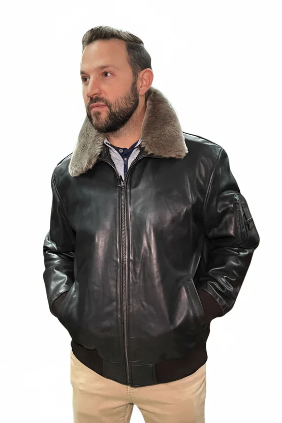 Leather Bomber Jacket with Detachable Shearling Collar