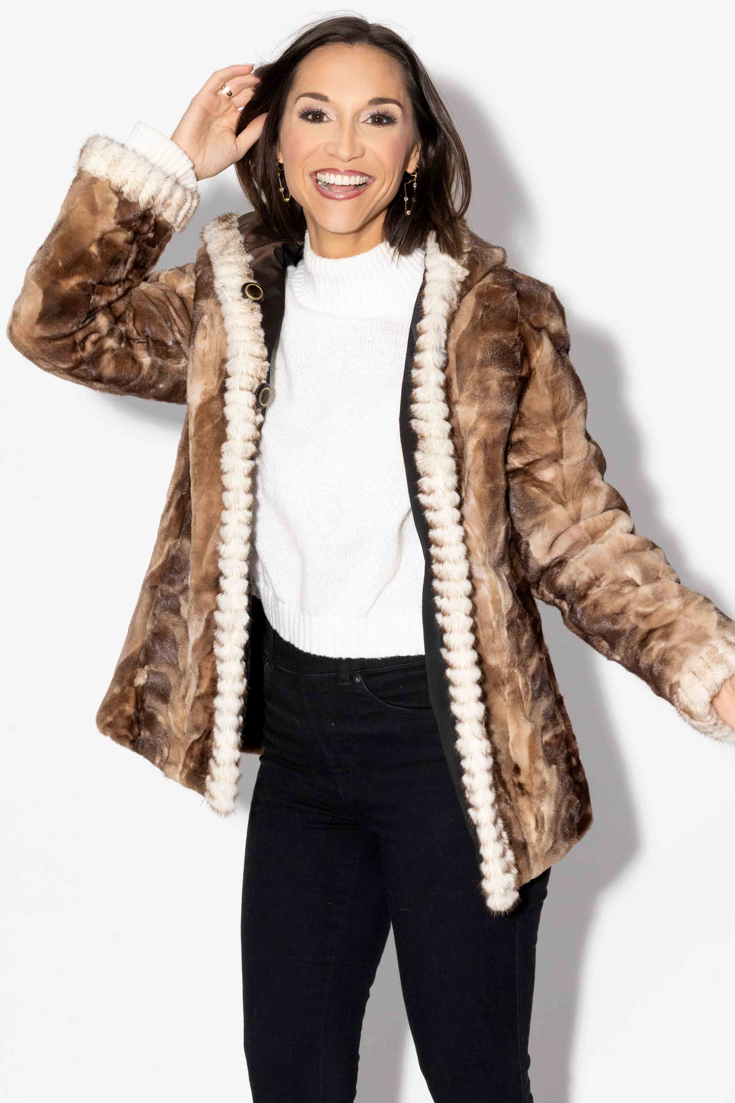 Reversible Sheared Sectioned Mink Fur Jacket with Hood