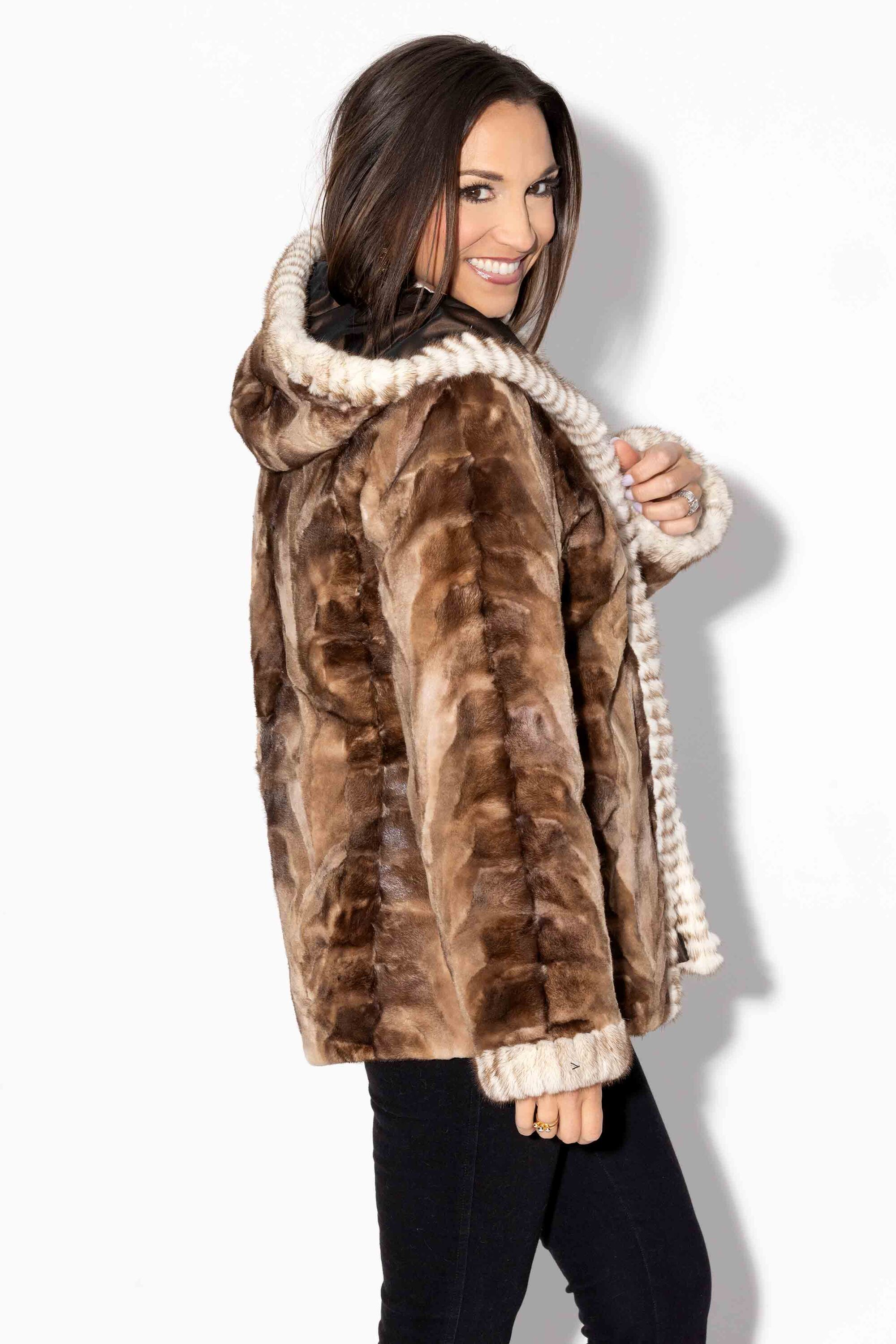 Reversible Sheared Sectioned Mink Fur Jacket with Hood