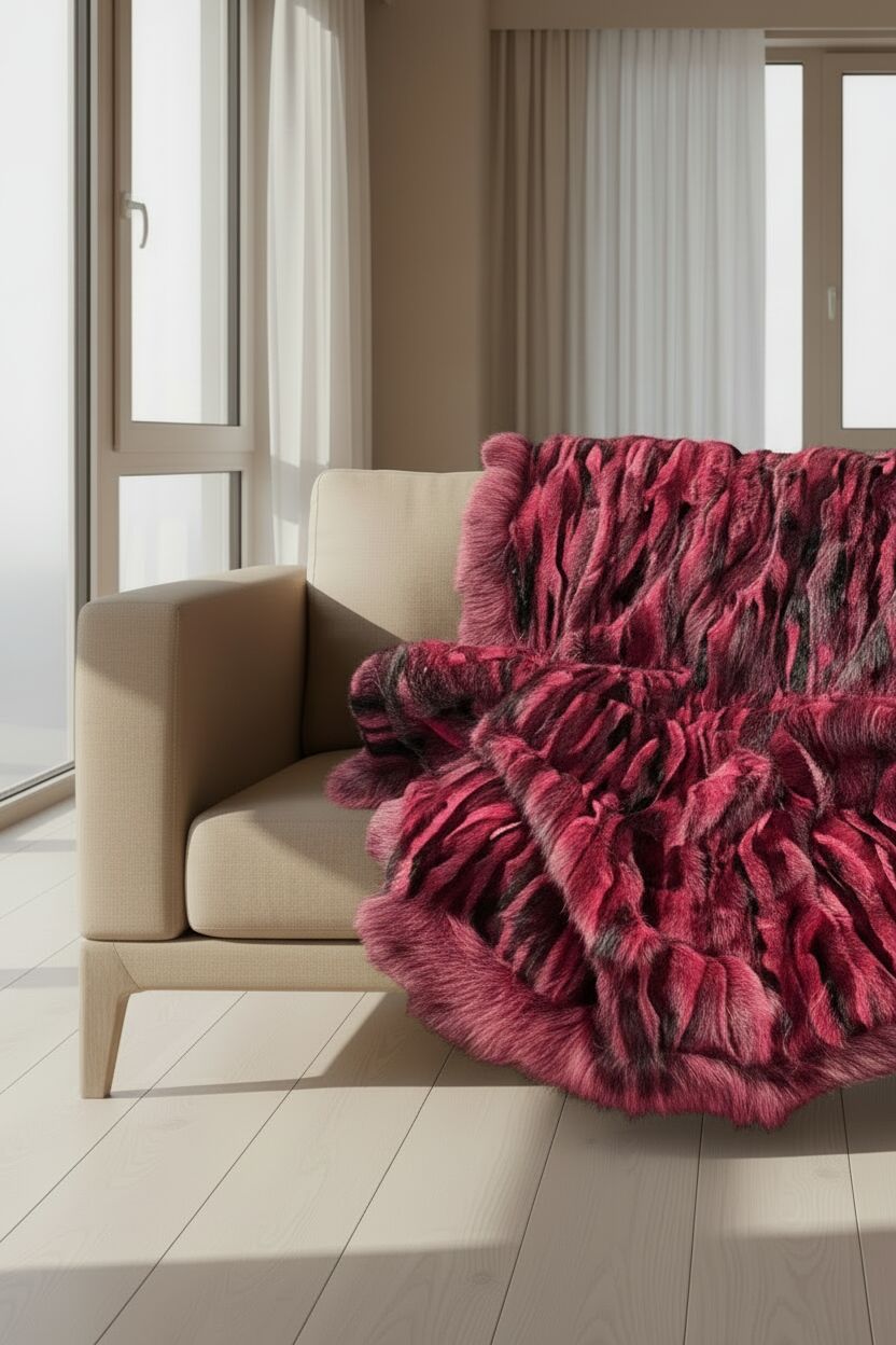 Scarlet Multicolor Mink Fur Blanket with Fox Fur Trim