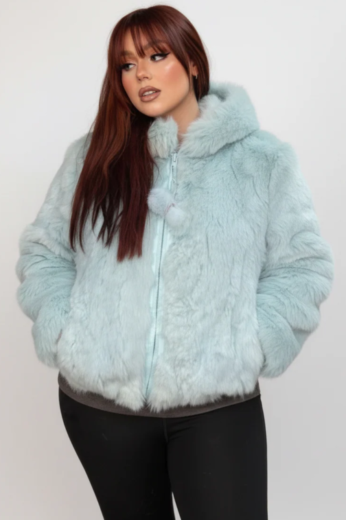 Baby Blue Rabbit Fur Jacket with Hood