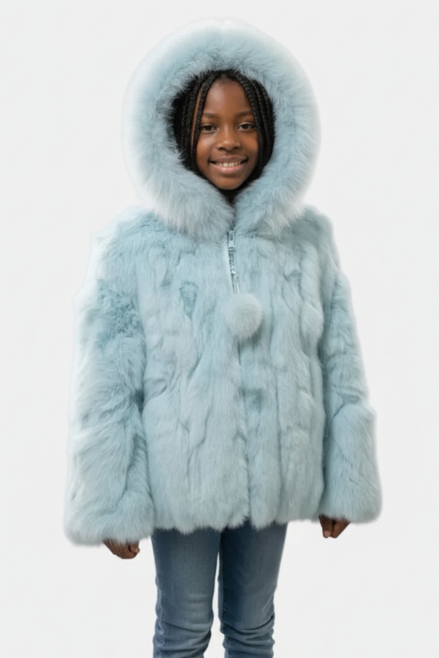 Children's Baby Blue Rabbit Fur Jacket with Hood