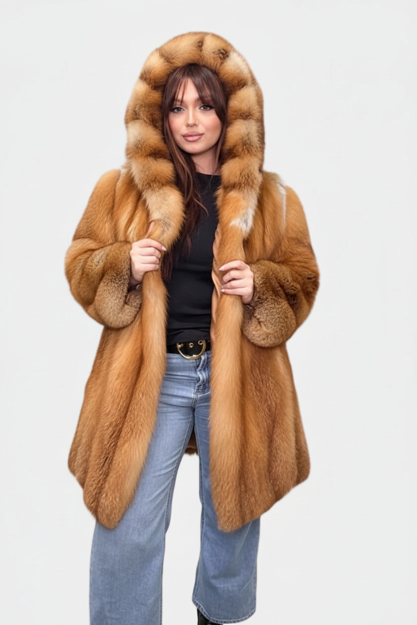 Custom-Made Natural Red Fox Fur Stroller with Hood