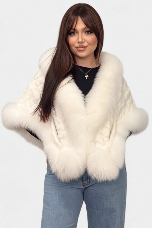 White Chevron Sectioned Mink Fur Cape with Fox Fur Trim