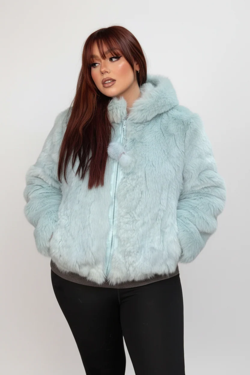 Baby Blue Rabbit Fur Jacket with Hood ALL SALES FINAL: NO RETURNS
