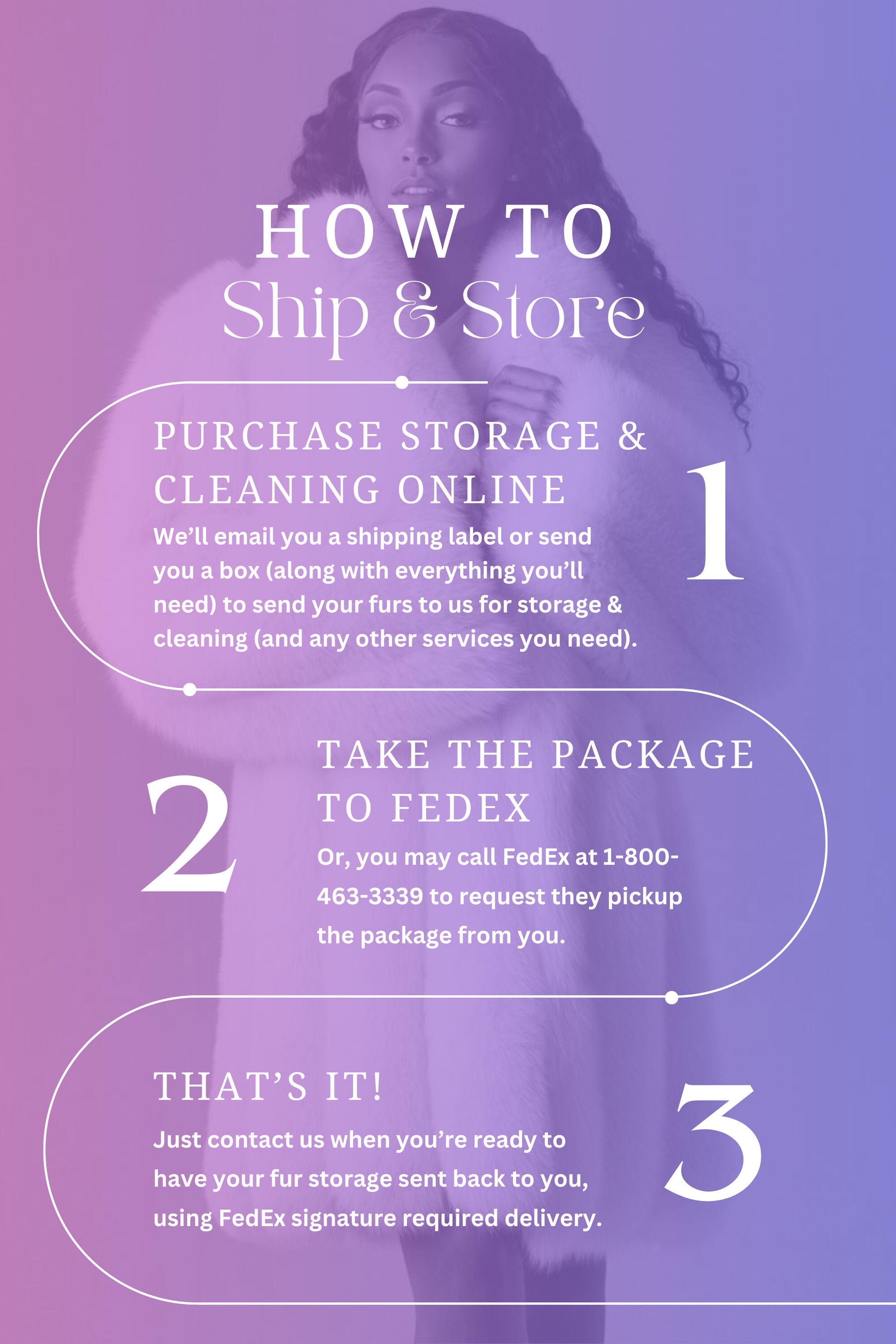 How to Ship & Store - purchase storage & cleaning online, we'll send you a box to send your furs to us. And, when you're ready to have them sent back, contact us. 