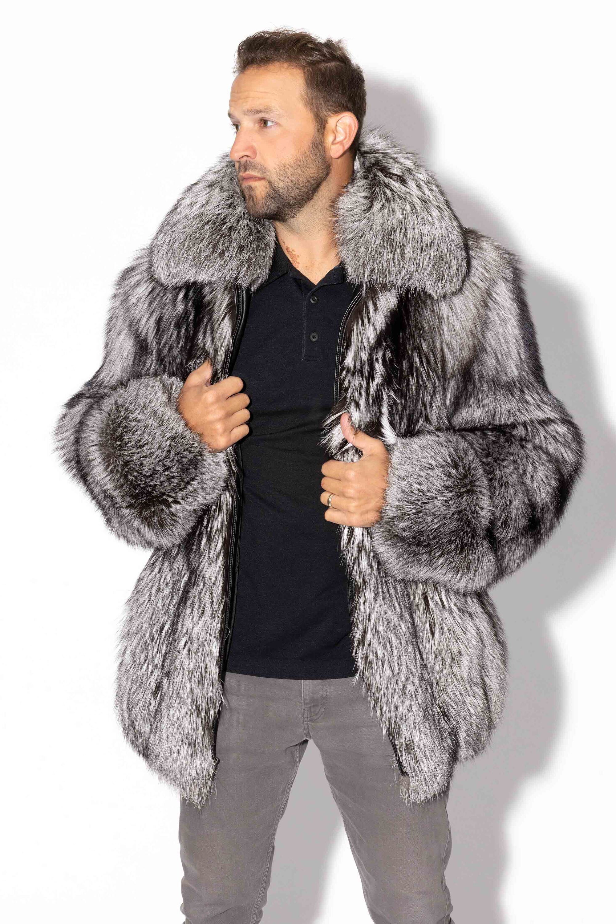 Men's Full Skin Silver Fox Fur Bomber Jacket