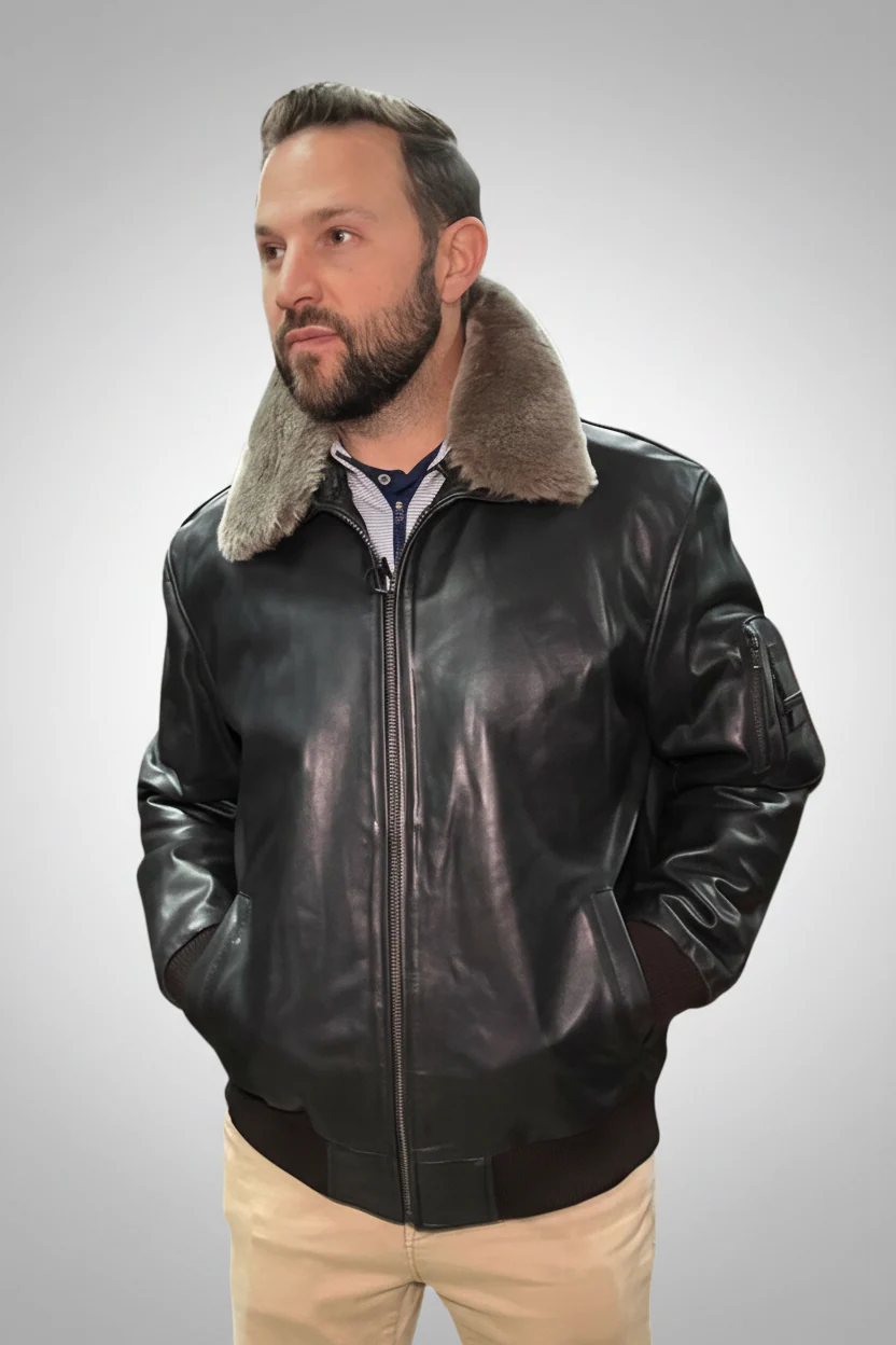 Leather Bomber Jacket with Detachable Shearling Collar