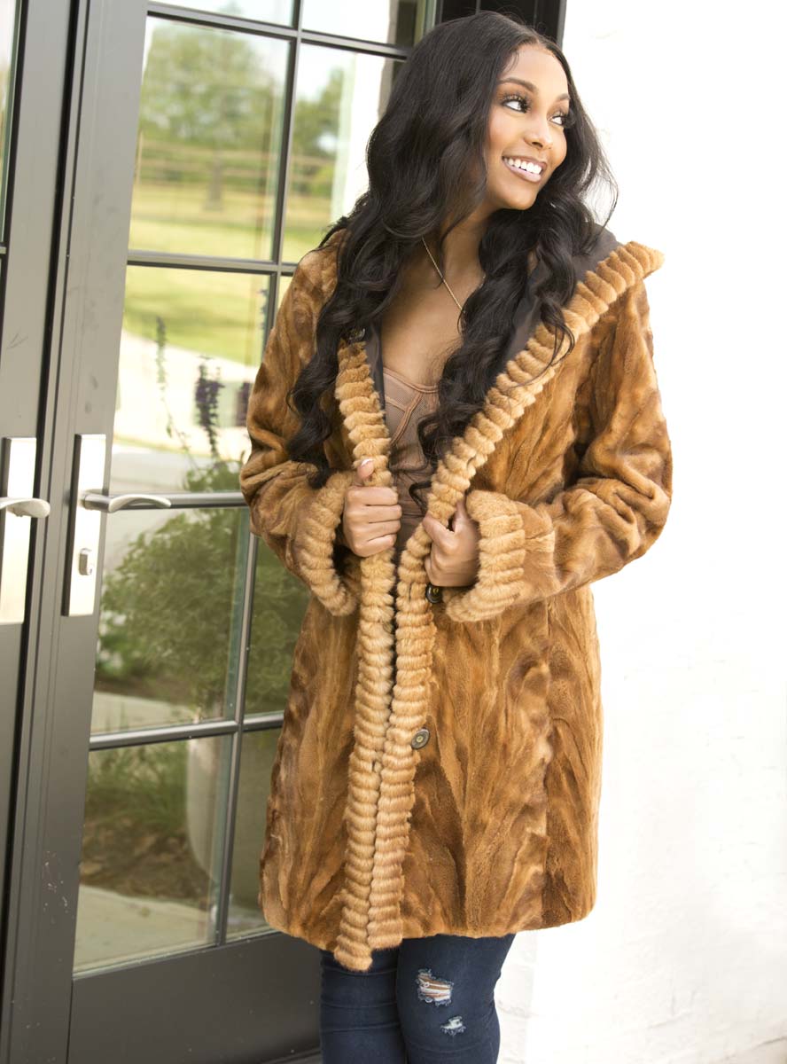 Reversible Sheared Sectioned Mink Fur Stroller with Hood