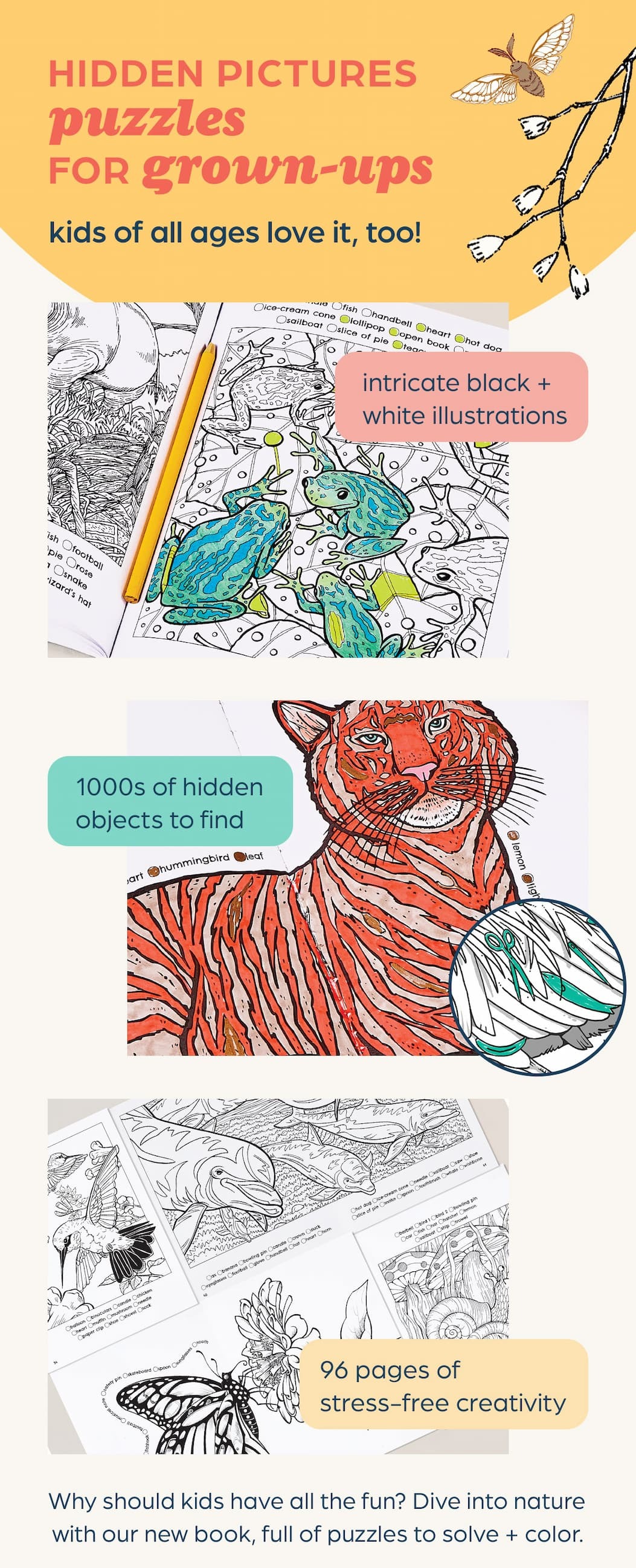 Hidden Pictures puzzle book for adults with intricate illustrations, hidden objects, and 96 coloring pages.