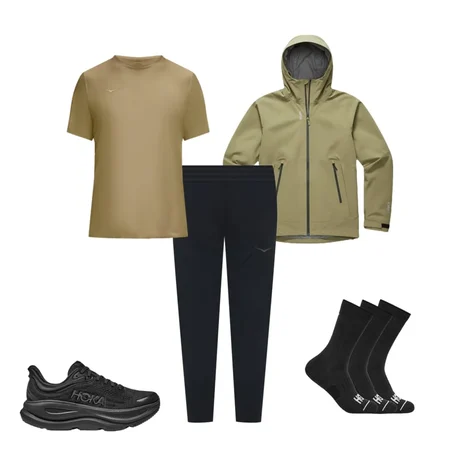 Crew Run Sock 3-Pack, Bondi 9, Novafly Run Pant, Airolite Short Sleeve 2.0, Transport Jacket GTX, Clifton 10, HOKA Headband, Woodland Hike Pant, HOKA Essential Tee, 