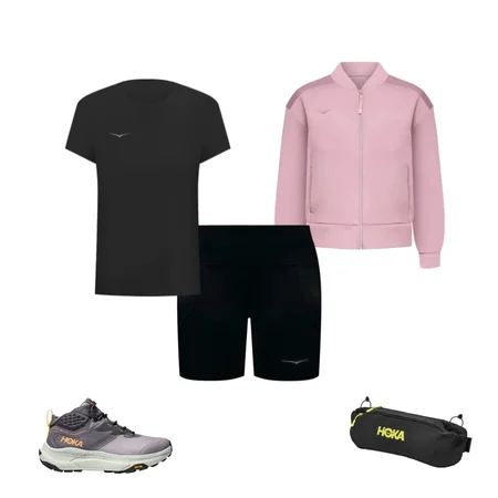 HOKA Hip Pack 2.5L, Transport Hike GTX, Elaro 5 inch Bike Short, Airolite Short Sleeve 2.0, Kaitoro Knit Jacket, 