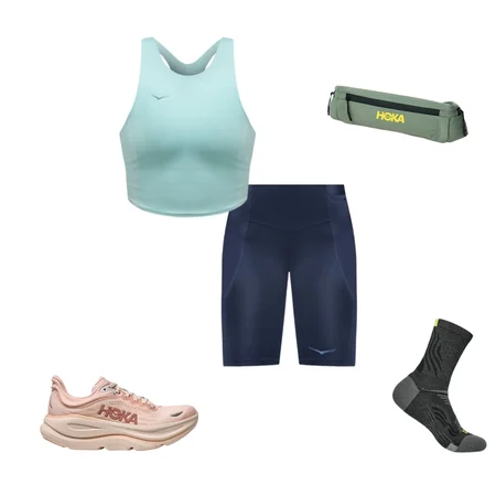 Elaro Crop Bra, HOKA Run Belt, Bondi 9, Bondi Quarter Run Sock, Novafly 9 inch Knit Short, 