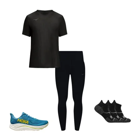 Clifton 10, No-Show Run Sock 3-Pack, Novafly Run Tight, Airolite Short Sleeve 2.0, Elaro Crop Bra, HOKA Run Belt, Bondi 9, Bondi Quarter Run Sock, Novafly 9 inch Knit Short, 