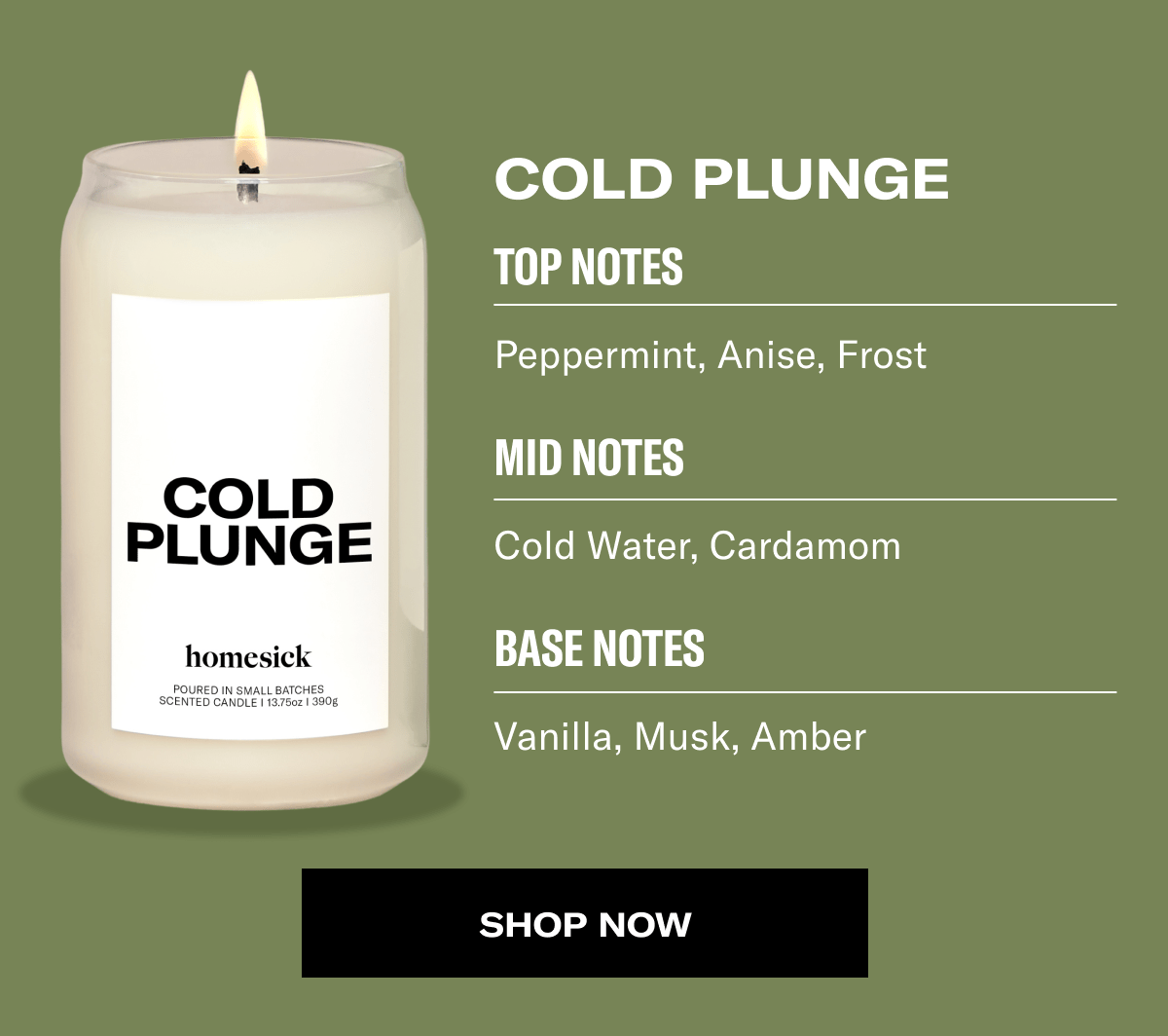 Cold Plunge | Top Notes | Peppermint, Anise, Frost&nbsp;| Mid Notes | Cold Water, Cardamom | Base Notes | Vanilla, Musk, Amber  | Shop now   