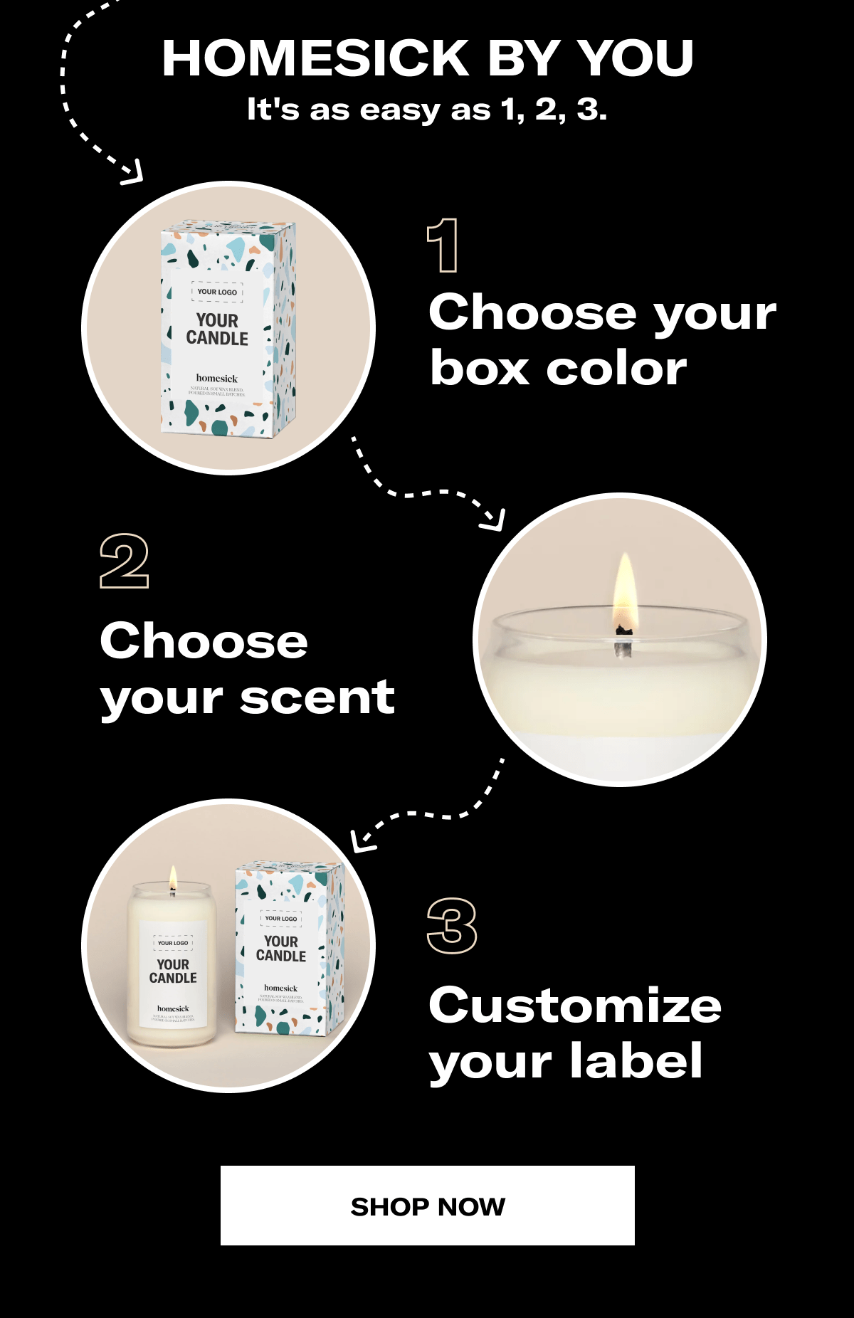 Homesick by you | It's as easy as 1, 2, 3. | Choose your box color | Choose your scent | Customize your label | Shop now 