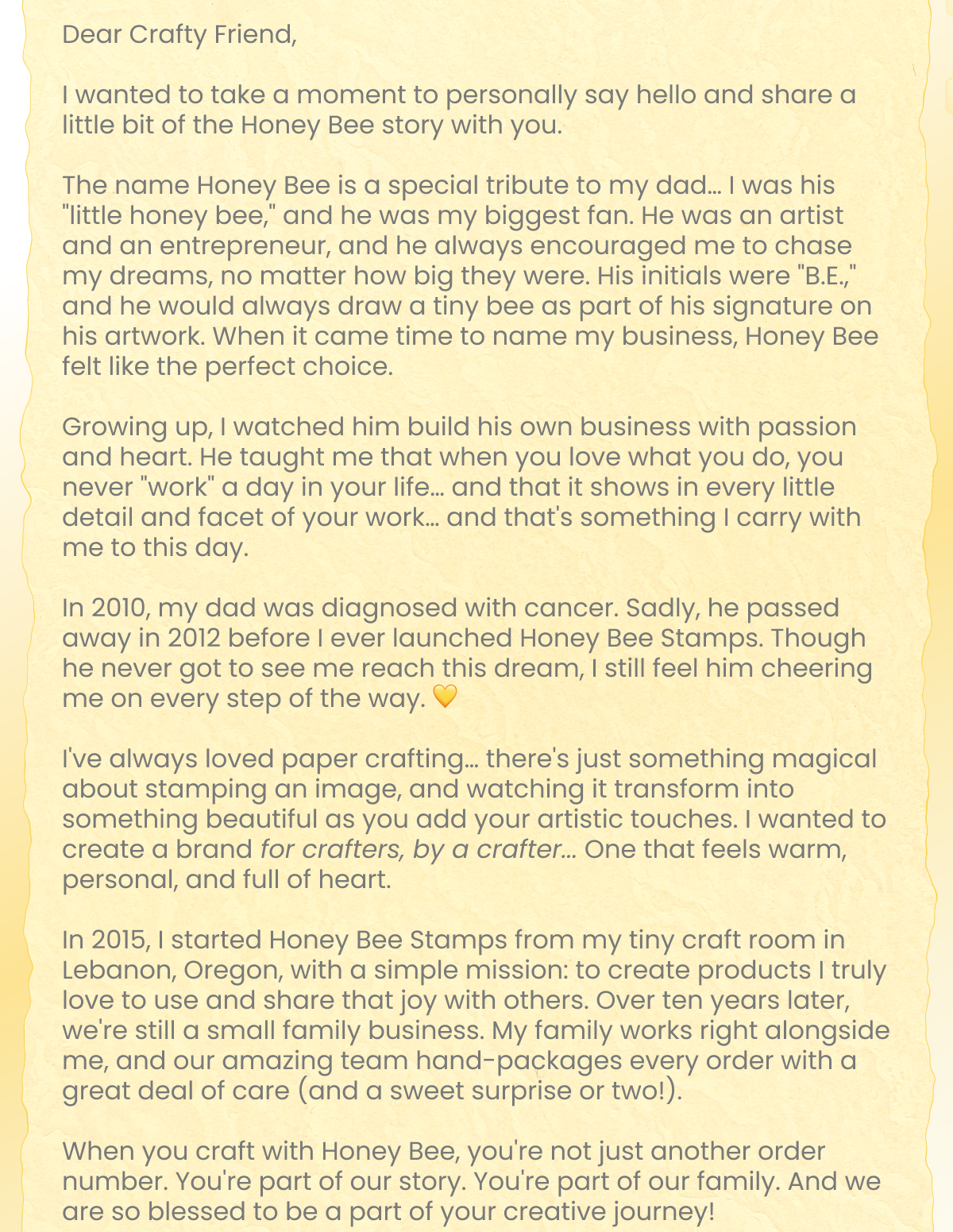 Dear Crafty Friend, Honey Bee Stamps, personal story, business journey.