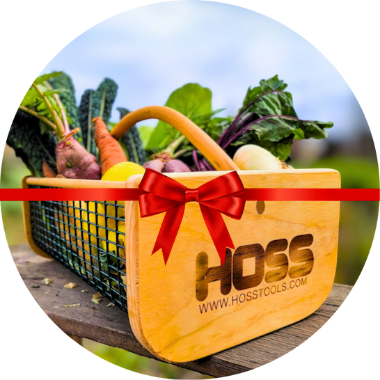 A Hoss Garden Hod full of freshly harvested vegetables and leafy greens. A red gift ribbon is placed across the image. 